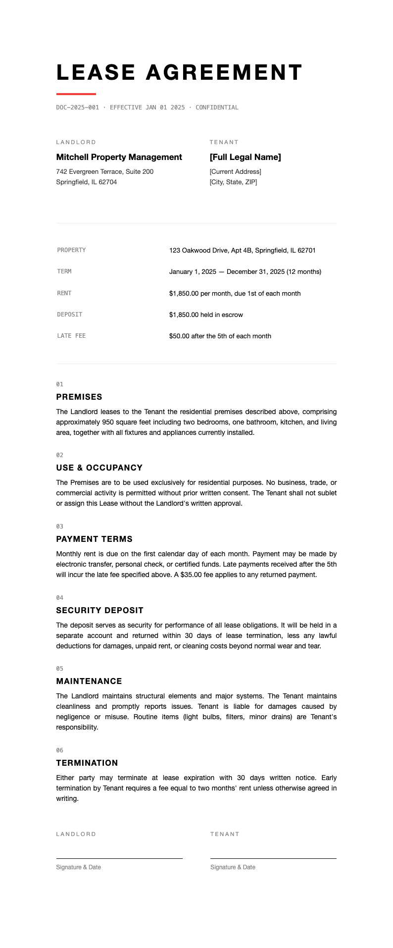 Modern minimalist lease agreement